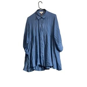 Umgee Peplum Button-Down Blouse Blue Flowy Tiered Oversized Med NWT